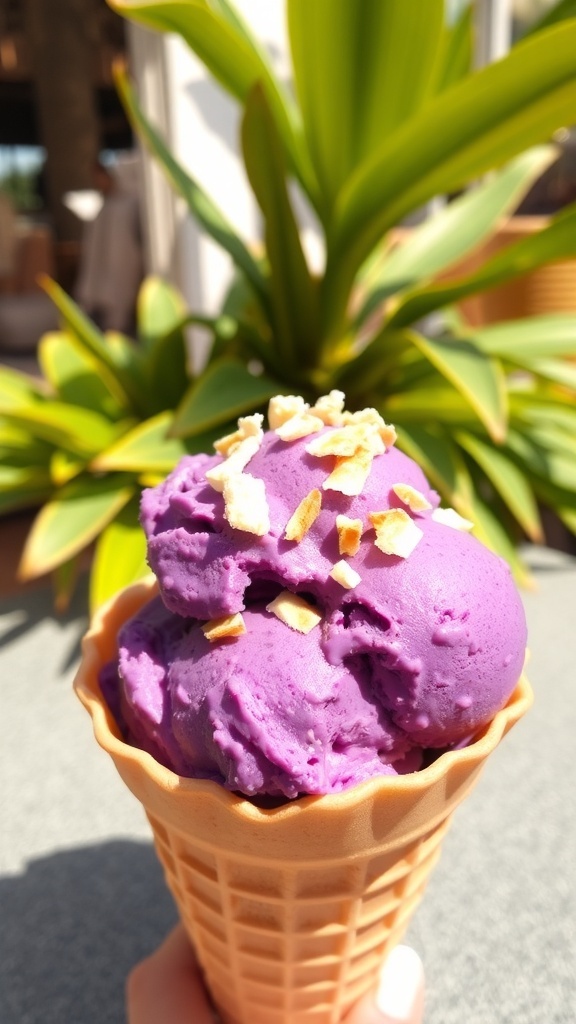 A bowl of purple ube ice cream garnished with coconut flakes and served in a cone.